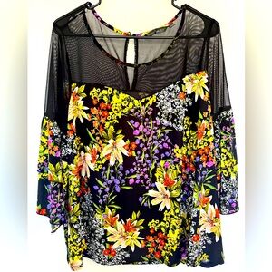 Unique Spectrum Knits Floral 2 Tiered Bell Sleeve Faux Mermaid Neckline Shirt 2X